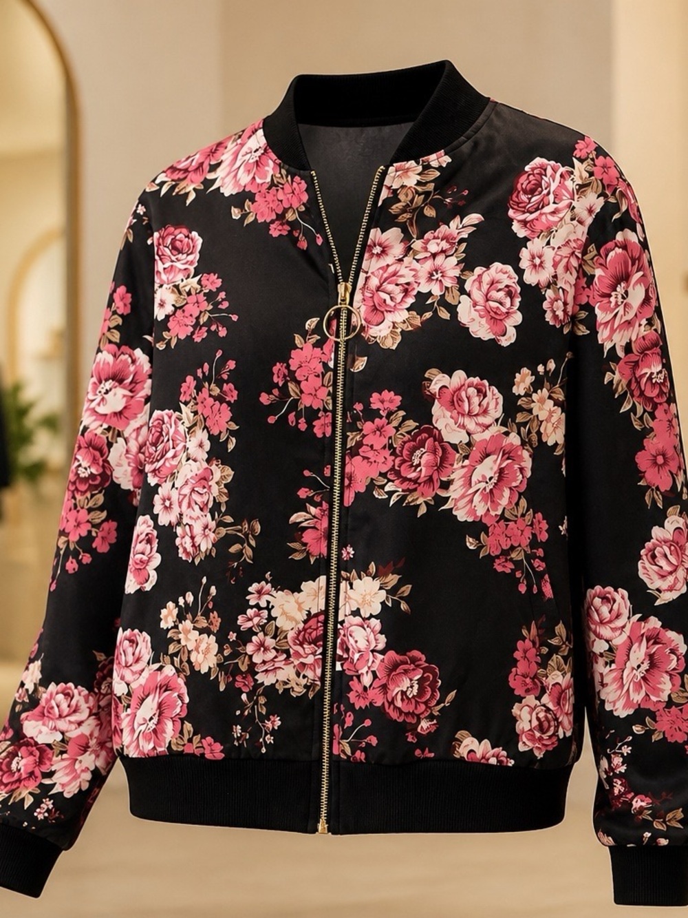 Black Floral Bomber Jacket with Pink Rose Print
